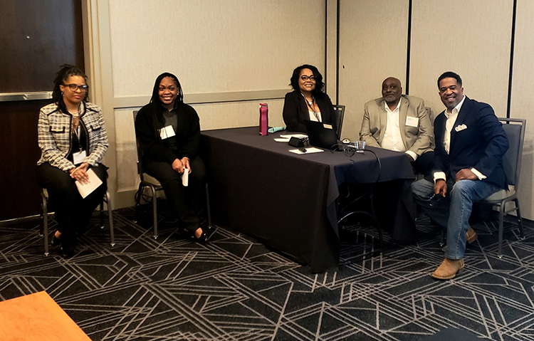 (L to R) Members of the University of Arkansas’ Navigators Program - Chimere Hampton, Tiana Scurry, Project Manager SeRena Hill, David Stephens, and LaGrand Elliott, presented at the 2024 ERME Annual Conference – Salt Lake City, Utah, April 10, 2024