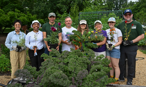 Eight people standing in garden holding plants