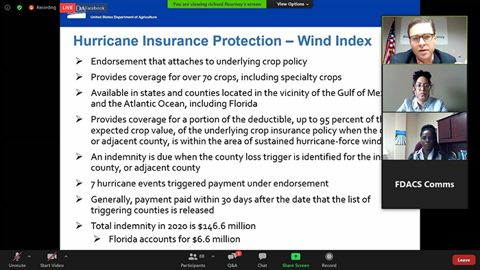 Screenshot from a Zoom meeting for Florida farmers